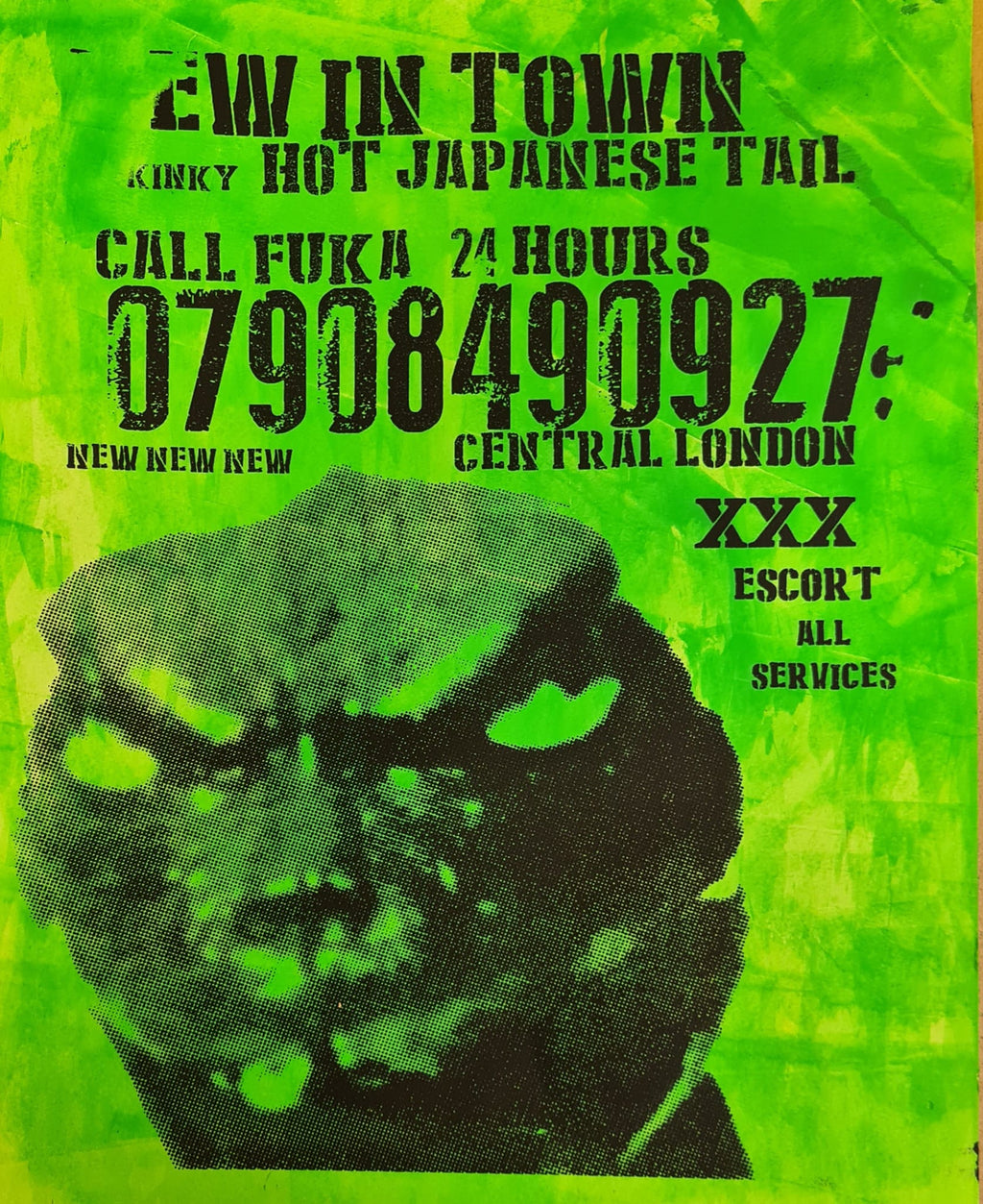 Godzilla tart card  " new in town" green , yellow
